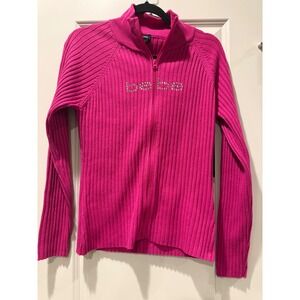 Bebe Hot Pink Ribbed Rhinestone Logo Full Zip Mock Neck Sweater Womens XL
